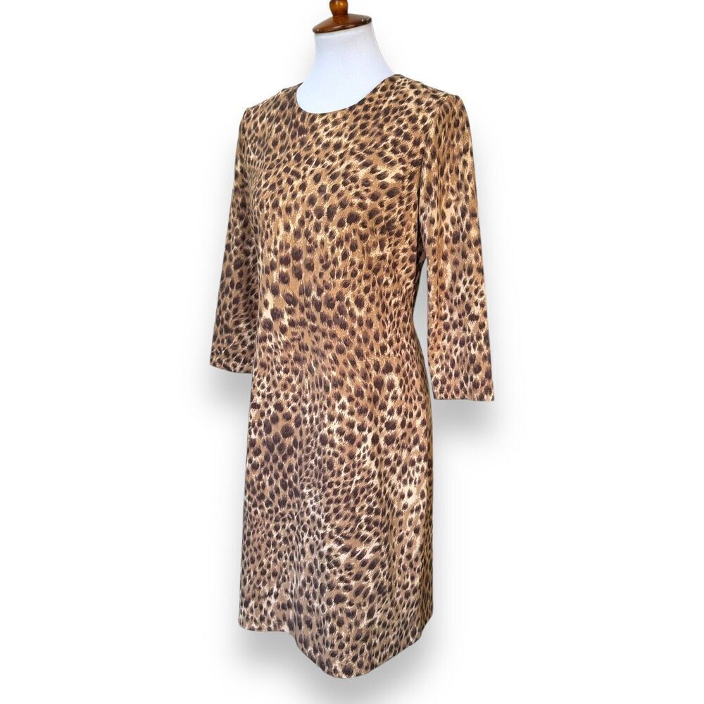 J.McLaughlin Womens Sheath Dress Brown Animal Print 3/4 Sleeve Stretch Zip M - Picture 3 of 9